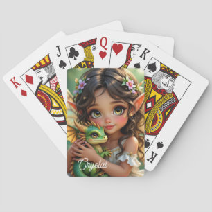 Braunäugige Elfenfee und personalisierter Drache Spielkarten