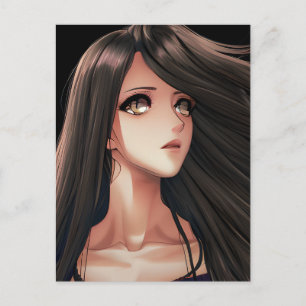 Braunäugiges Anime-Mädchen mit braunen Haaren   Ic Postkarte