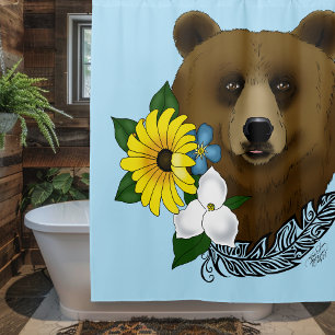 Braunbär Blaue Blumen Feder Wildnis Duschvorhang