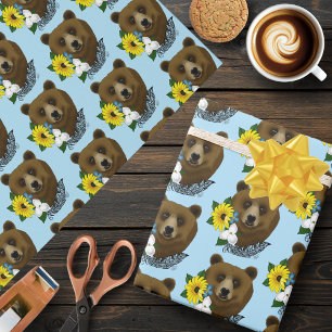 Braunbär Blaue Blumen Feder Wildnis Geschenkpapier