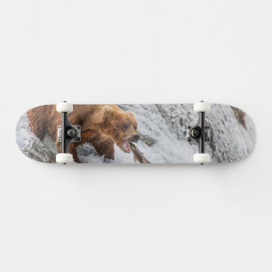 Braunbär fängt Rotlachs Skateboard