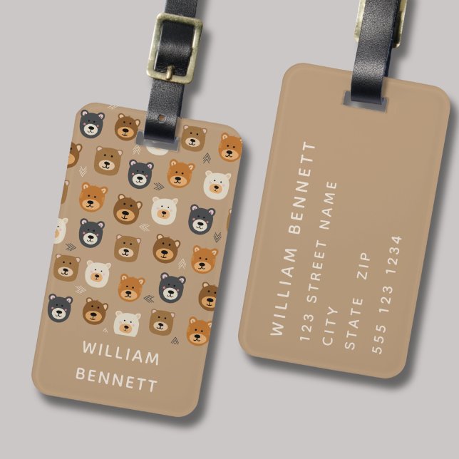Braunbär Muster Gepäckanhänger (Woodland bear cute kids novelty luggage tag for travel. Personalise with your name & contact details)