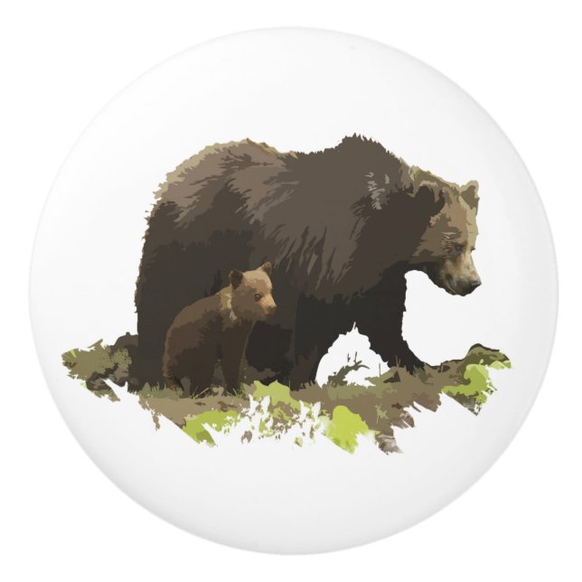 Braunbär und Cub Wildlife Tierart Kunst Keramikknauf (Vorderseite)