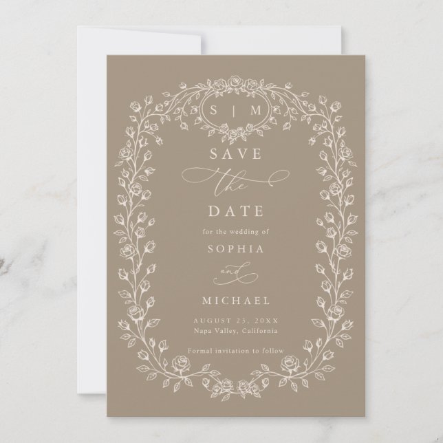Braunbeige florale Linienkunst  Save The Date (Vorderseite)