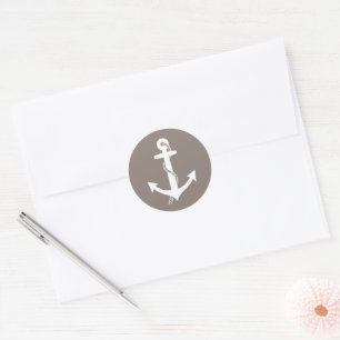 Braunbeige und Weiß Anker Klassisch Nautical Runder Aufkleber