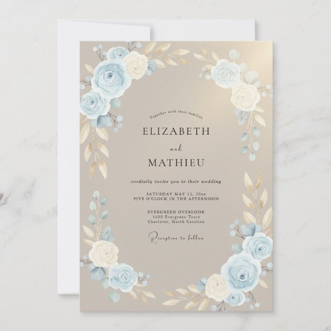Braunblaue Blätterhochzeit Einladung (Vorderseite)