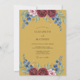 Braunblaue botanische Blütenhochzeit Einladung