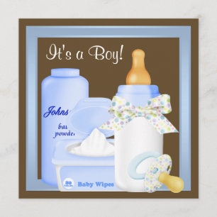 Braunblaue Flaschen-Sauger-Baby-Party für Jungen Einladung