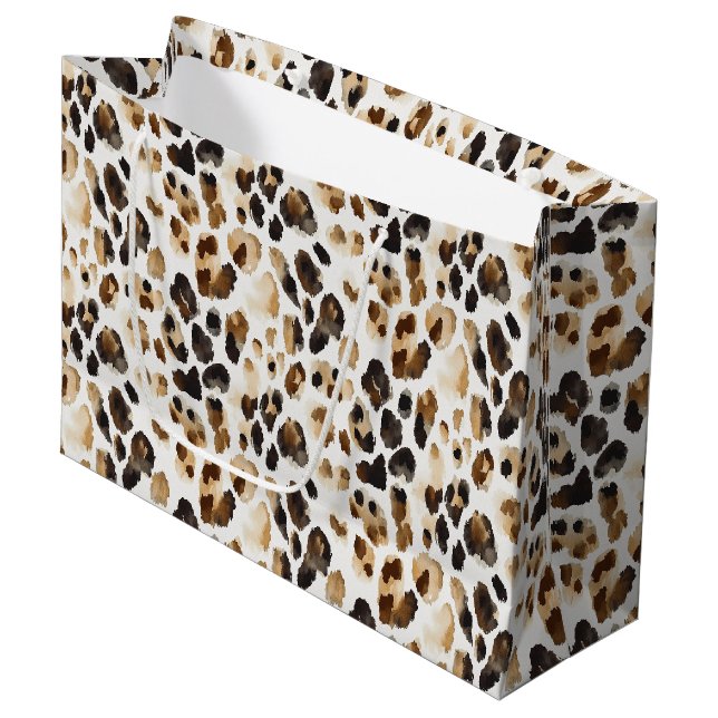 Brauncreme Leopard Große Geschenktüte (Vorderseite Schrägansicht)