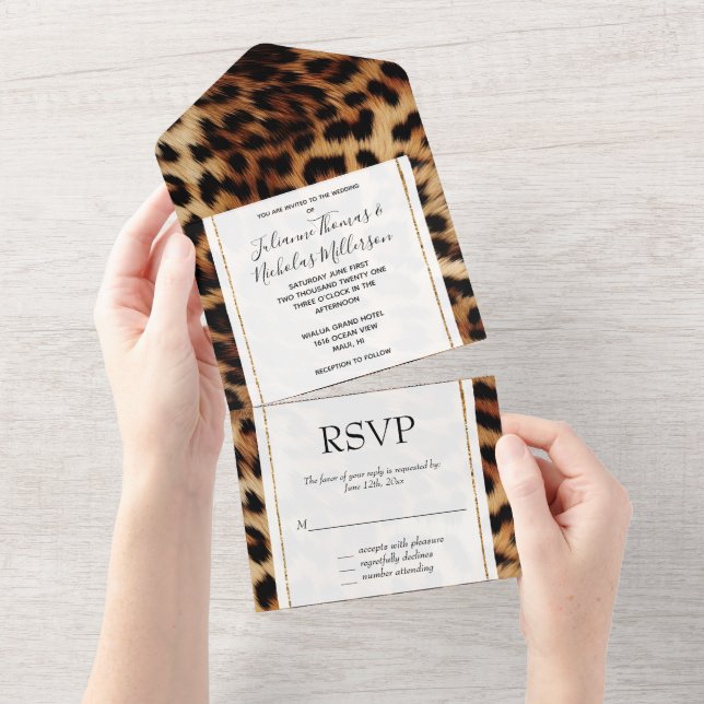 Brauncreme Leopard-Hochzeit All In One Einladung (Abreißen)