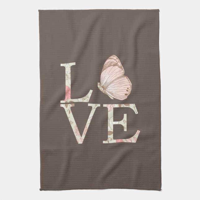 Brauncreme Rosa Liebe Schmetterling Blütenblume Geschirrtuch (Vertikal)