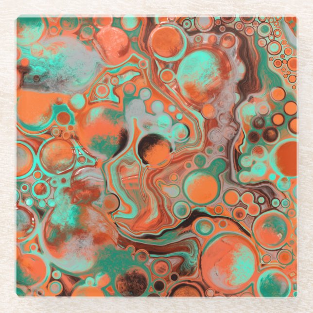 Braune, Aquamarine, orangefarbene Marmorflüssigkei Glasuntersetzer (Vorderseite)
