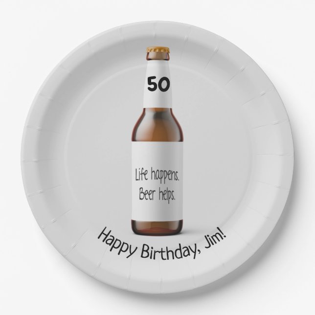 Braune Bierflasche zum 50. Geburtstag Pappteller (Vorderseite)