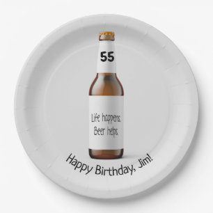 Braune Bierflasche zum 55. Geburtstag Pappteller