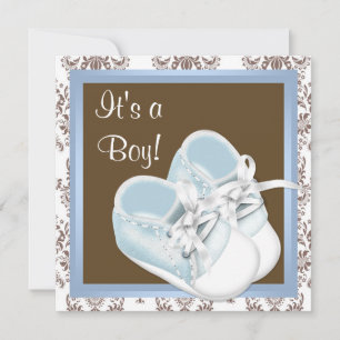 Braune Blaue Damast Schuhe Baby Junge Babyparty Einladung