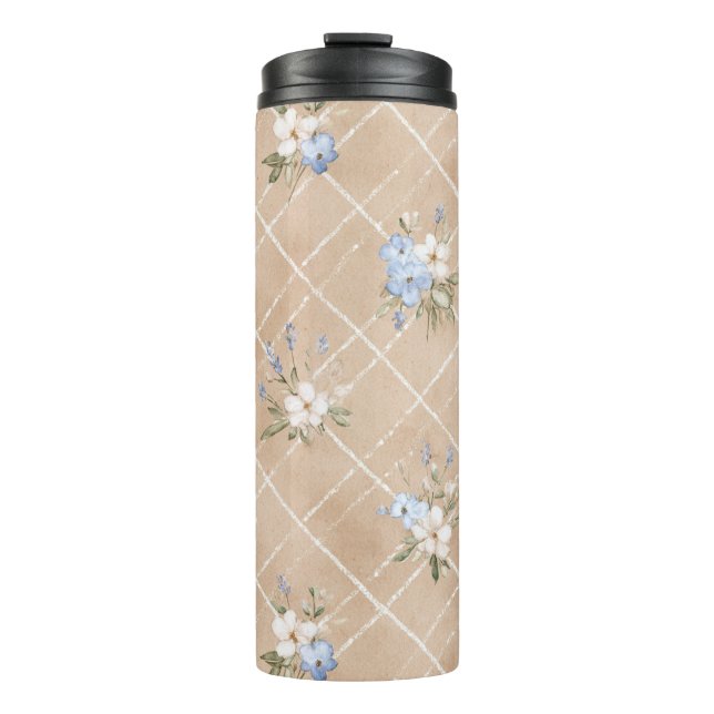 Braune Blaue Weiße Blumen Thermosbecher (Vorderseite)