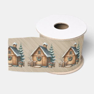 Braune Blockhütte Weihnachtsszene Ripsband