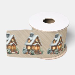 Braune Blockhütte Weihnachtsszene Ripsband
