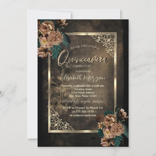 Braune Blume Gold Rahmen Gothic Quinceañera Einladung (Vorderseite)