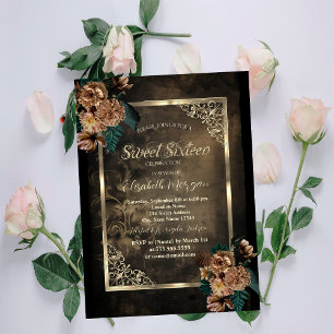 Braune Blume Gold Rahmen Gothic Sweet 16 Einladung