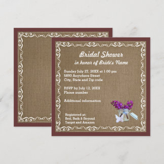 Braune Burlap, violette Blumen, Brautparty Jar Einladung