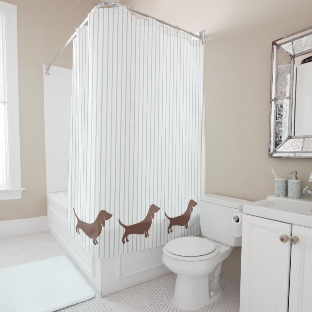 Braune Dackeln auf Beige Streifen Duschvorhang (Beispiel)