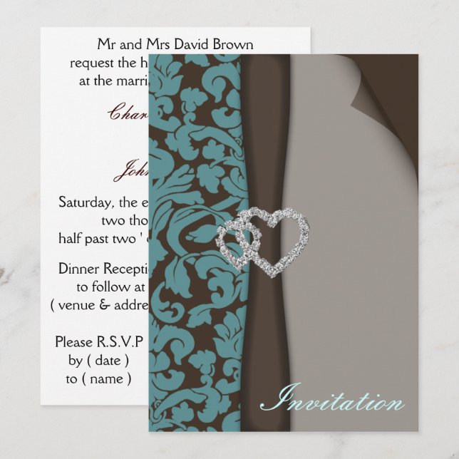 Braune Damaske IMITATE Band Diamante Design Einladung (Vorne/Hinten)