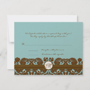 Braune Damast-Hochzeitsmonogramm-Antwortkarte RSVP Karte
