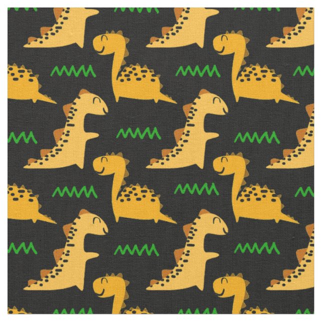Braune Dinosaurier mit Grün auf Schwarz Stoff (Nahaufnahme)
