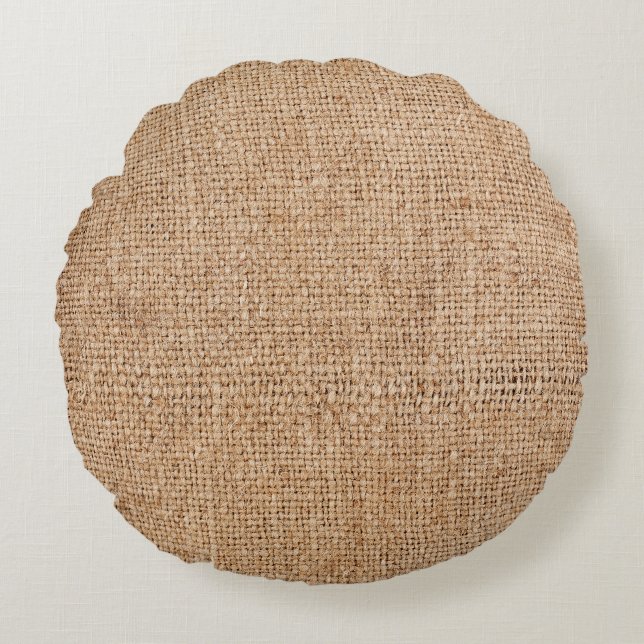 Braune Einbruchtextur, rustikales Sacktuch. Rundes Kissen (Vorderseite)