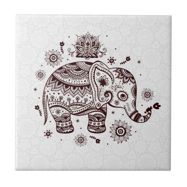 Braune Farbtöne Niedlich Retro Floral Elefant Fliese (Vorderseite)
