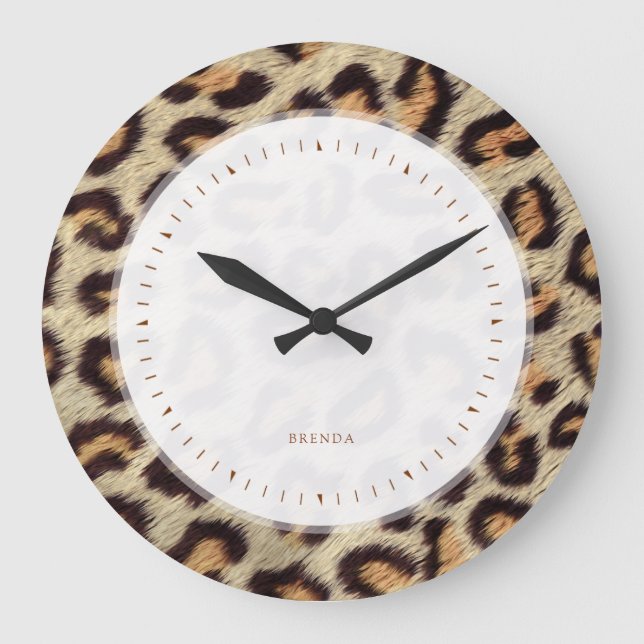 Braune Flecken Leoparden Imitate Pelzmuster Große Wanduhr (Vorderseite)