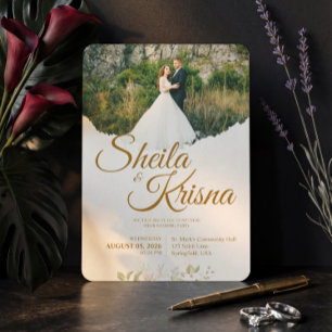 Braune Florale Pastell-Eleganz-Hochzeit mit Foto Einladung