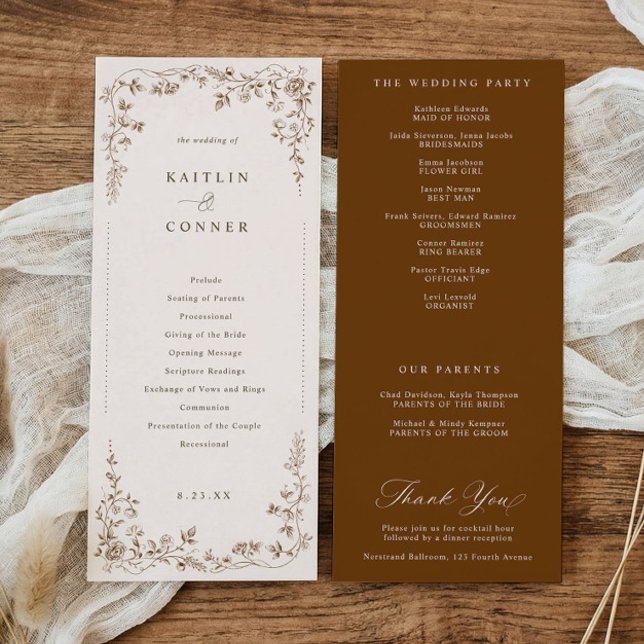 Braune französische Blumen Hochzeit im viktorianis Programm (Vintage French brown wedding program with elegant chinoiserie floral frame)