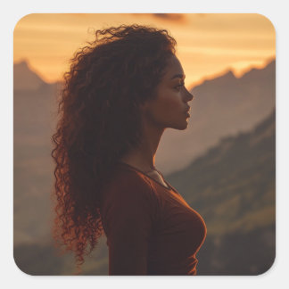 Braune Frau mit Blick auf die Berge Quadratischer Aufkleber