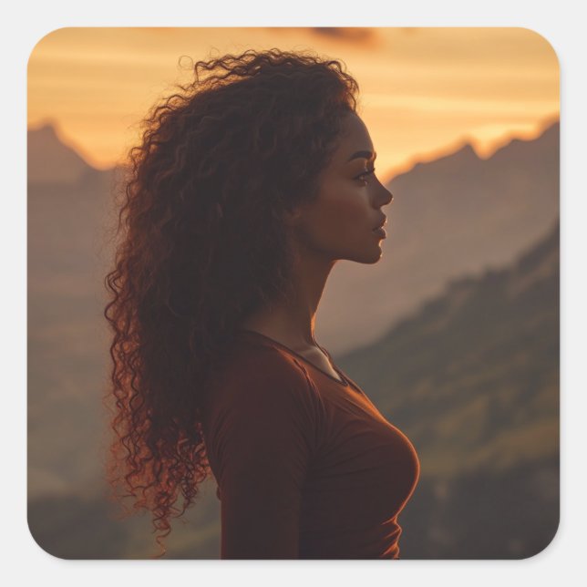 Braune Frau mit Blick auf die Berge Quadratischer Aufkleber (Vorderseite)