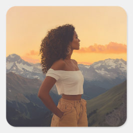 Braune Frau mit Blick auf die Berge Quadratischer Aufkleber