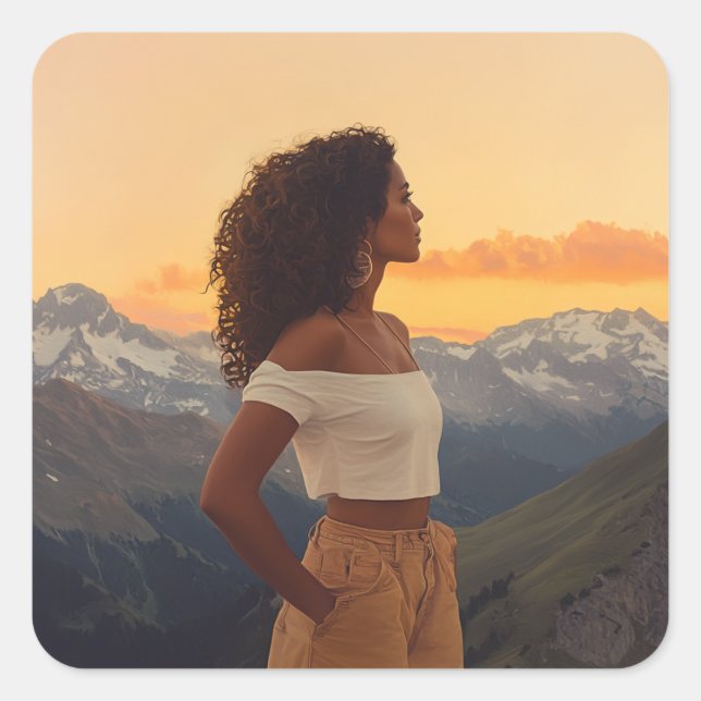 Braune Frau mit Blick auf die Berge Quadratischer Aufkleber (Vorderseite)