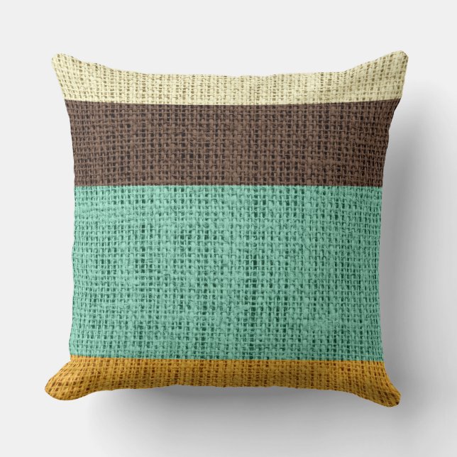 Braune, gelbe Streifen Burlap Linen Rustikaler Jut Kissen (Vorderseite)