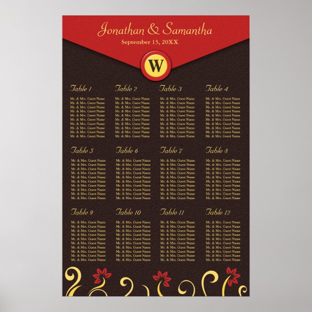 Braune, gelbe Wirbel Tabelle Sitzplan 12 Poster (Vorne)