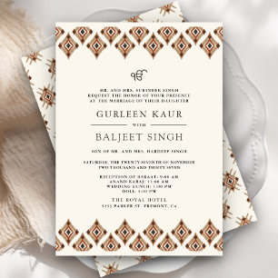 Braune geometrische Ikat Anand Karaj Sikh-Hochzeit Einladung