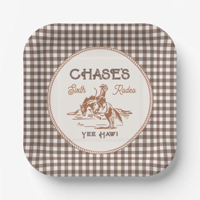 Braune Gingham-Rodeo-Party-Teller aus Papier Pappteller (Vorderseite)