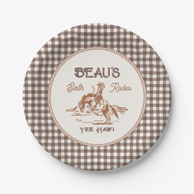 Braune Gingham-Rodeo-Party-Teller aus Papier Pappteller (Vorderseite)