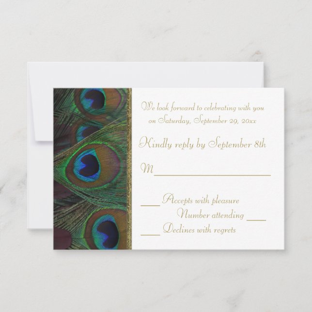 Braune, Gold Peacock Feathers RSVP Card Karte (Vorderseite)