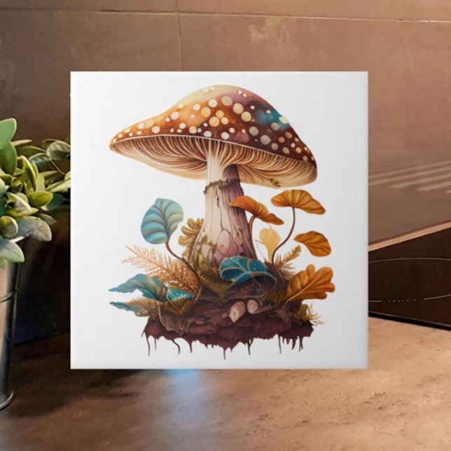 Braune grüne Neutronen Wald Mushroom-Kernstück Fliese (Add Cottagecore charm and whimsy to your kitchen or bathroom with this woodland mushroom tile.)