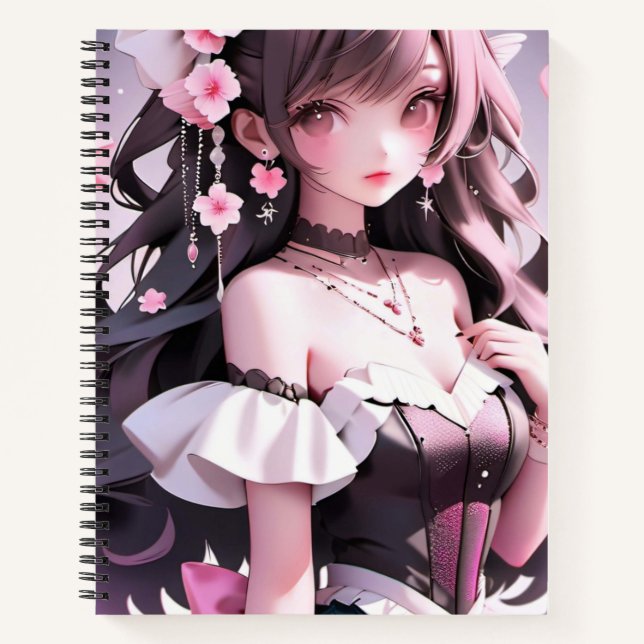 Braune Haarbühe mit rosa Blume im Haar Notizbuch (Vorderseite)