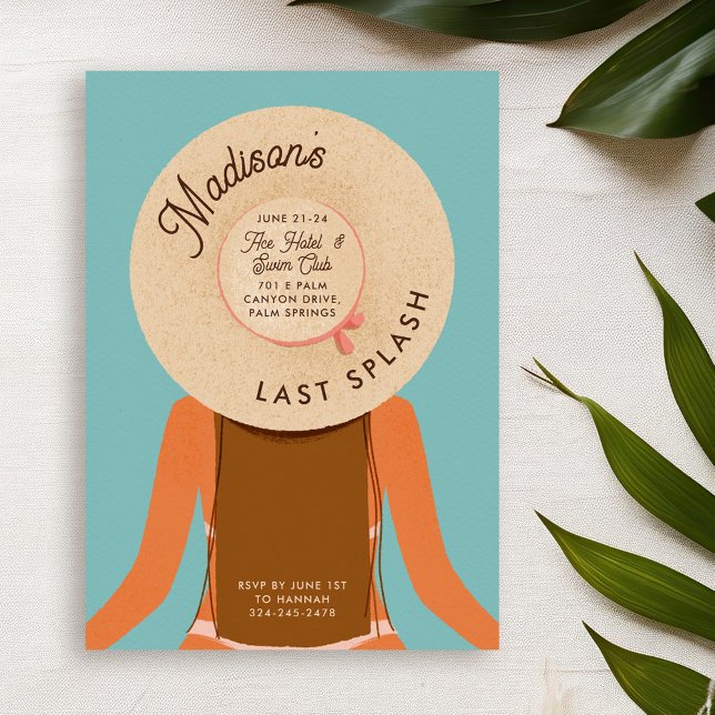 Braune Haare Letzte Splash Bachelorette Pool Party Einladung (brown hair and tan skin girl wearing a beach hat - bachelorette pool party invitation)