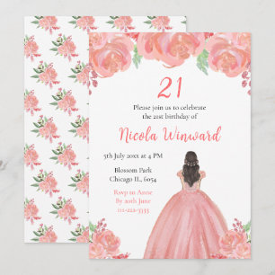 Braune Haare Prinzessin Pink Floral Geburtstagspar Einladung