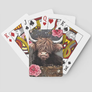 Braune Heifer mit rosa Rosen Spielkarten