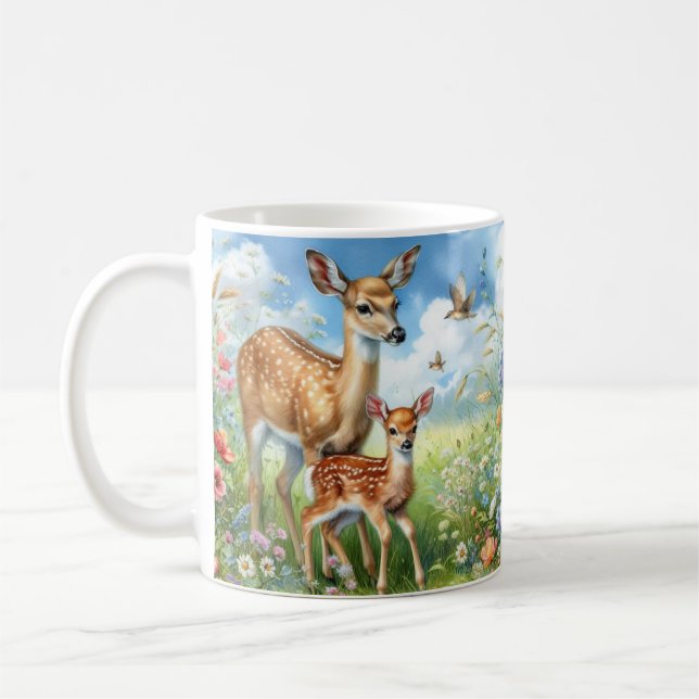 Braune Hirsche Doe Fawn Stehend in Wildblumen Tass Kaffeetasse (Links)